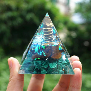 #229-Handmade Malachite, Tiger Eye & Chalcopyrite Crystal Point 'AWAKEN INNER SIGHT' ORGONITE Pyramid